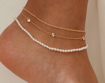 Anklets, Pearl Anklet, Gold Filled Anklet, Adjustable Anklet, Freshwater Pearl Anklet, CZ Anklet, 14k Gold Filled Anklet, Summer Anklets