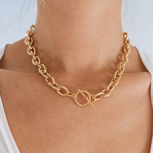 Gold Link Necklace, Thick Gold Chain Necklace, Toggle Necklace, Gold Chain Necklace, Link Chain Toggle Necklace, Gold Chunky Necklace Choker image 1