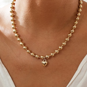 90s Style Ball Necklace, Puffy Heart Necklace Choker, Gold Ball Chain Necklace, 6mm Ball Bead Chain, Heart Charm, Heavy Ball Chain Necklace