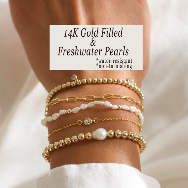 Gold Beaded Bracelets, Pearl Gold Beaded Bracelets, Layering Bracelets, Freshwater Pearl Bracelet, Gold Filled Stacking Bracelets, Bracelets