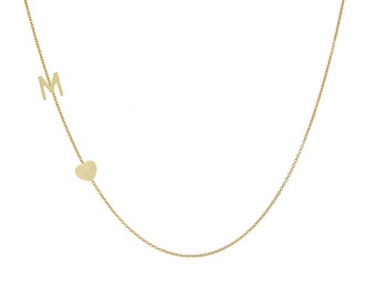 14k Asymmetrical Initial Necklace, 14k Gold Necklace, Initial Necklace, Sideways Initial Necklace, Initial Heart Necklace, Sideways Letter