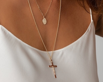 Crucifix Necklace, Gold Crucifix Necklace, Mary Cross Necklace, Dainty Cross Necklace, Virgin Mary Cross Necklace, Cross Necklace