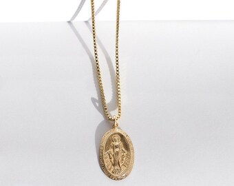 Mary Pendant Necklace, Gold Necklace, Gold Filled Necklace, Coin Necklace, Gold Pendant Necklace, Religious Pendant Necklace