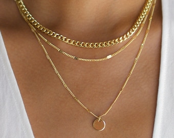 3 Layer Necklace, Layered Necklace Set, Gold Disc Necklace, Gold Necklace, Thick Chain Necklace, Gold Layering Necklace, Pendant Necklace