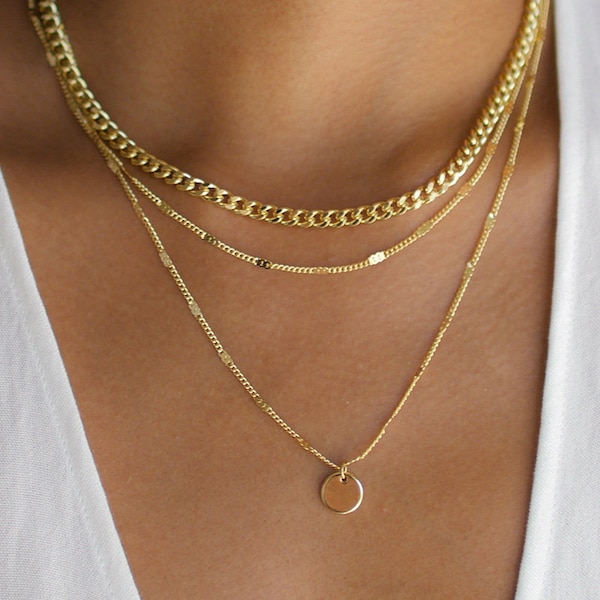 3 Layer Necklace, Layered Necklace Set, Gold Disc Necklace, Gold Necklace, Thick Chain Necklace, Gold Layering Necklace, Pendant Necklace