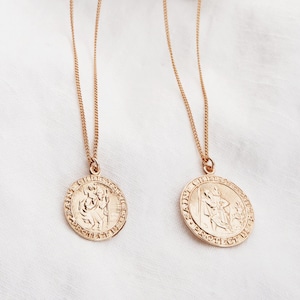 St. Christopher Necklace, Gold Necklace, Gold Travelers Coin Necklace, Gold Coin Medallion, Traveler&#39;s Coin Necklace, Coin Necklace