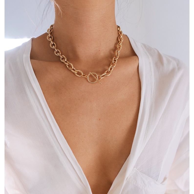 Gold Link Necklace, Thick Gold Chain Necklace, Toggle Necklace, Gold Chain Necklace, Link Chain Toggle Necklace, Gold Chunky Necklace Choker image 2