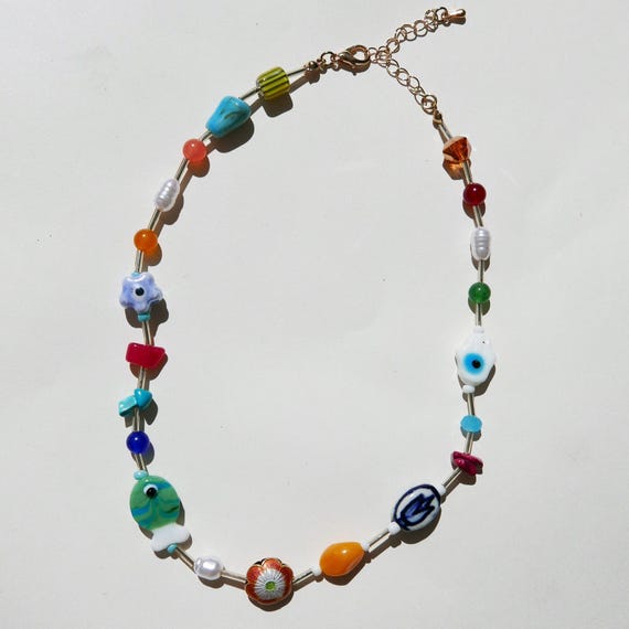 Beaded Glass Lampwork Multicolor Necklace, Colorful Lampwork Necklace, Summer Fish Fun Necklace, Multicolored Beaded Necklace, Glass Beads