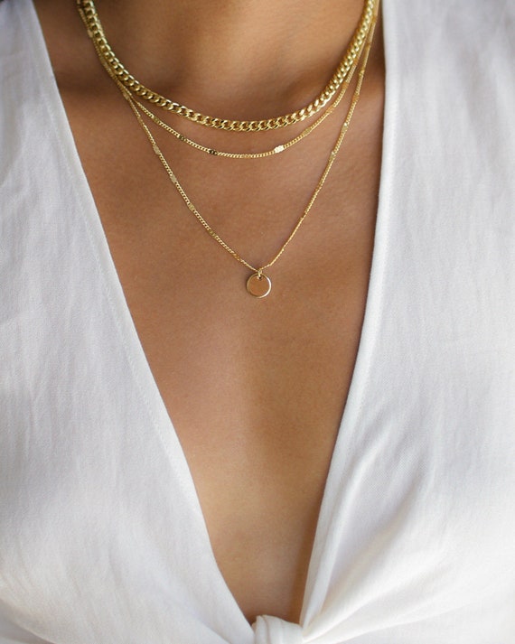 3 Layer Necklace, Layered Necklace Set, Gold Disc Necklace, Gold Necklace, Thick Chain Necklace, Gold Layering Necklace, Pendant Necklace