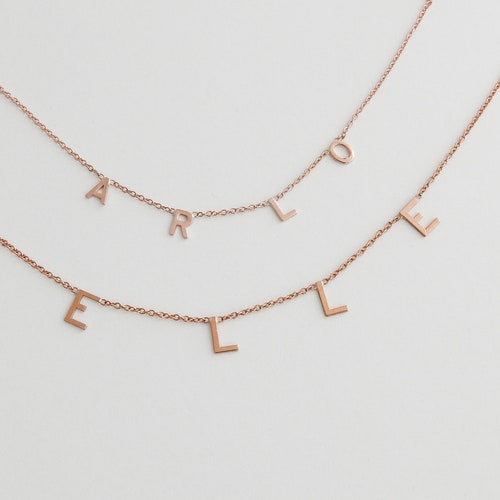 14k Solid Gold Spaced Letter Name Necklacerose Gold Etsy
