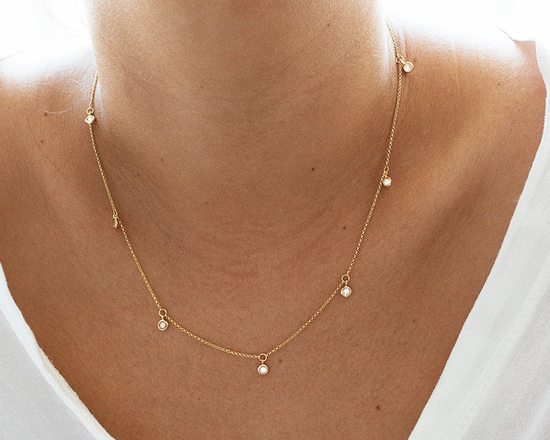 Gold Necklace, Gold Choker Necklace, Gold Necklace Dainty, Gold Diamond Necklace, Diamond Station Necklace, Gift for Her, Bridesmaid Gift image 3