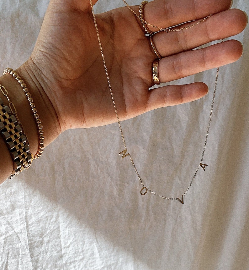 14k Solid Gold Spaced Letter Necklace 14k Personalized Name Etsy