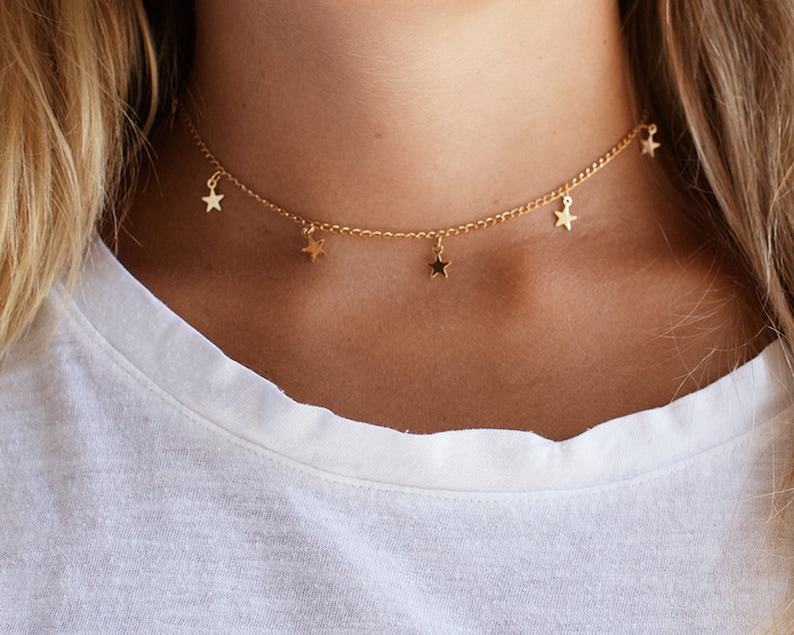 Gold Stars Necklace, Stars Choker, Gold Necklace, Gold Dainty Jewelry, Gold Dainty Necklace, Gold Plated Necklace, Star Charm Necklace image 1