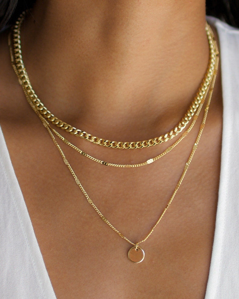 3 Layer Necklace, Layered Necklace Set, Gold Disc Necklace, Gold Necklace, Thick Chain Necklace, Gold Layering Necklace, Pendant Necklace image 1