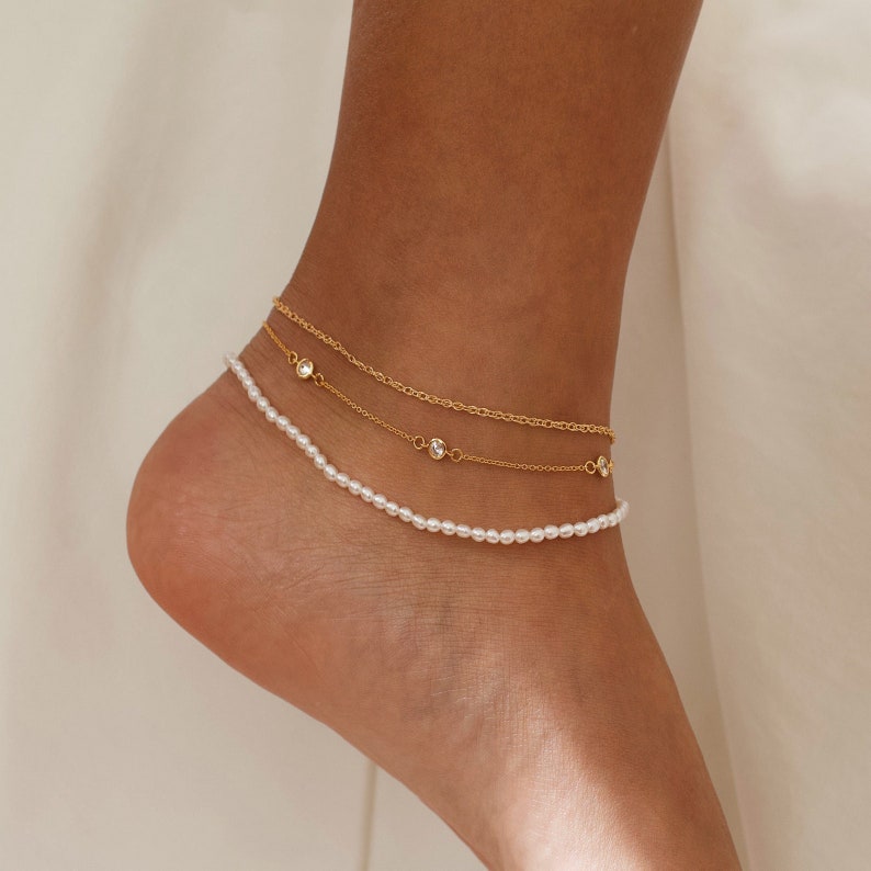 Anklets, Pearl Anklet, Gold Filled Anklet, Adjustable Anklet, Freshwater Pearl Anklet, CZ Anklet, 14k Gold Filled Anklet, Summer Anklets image 1