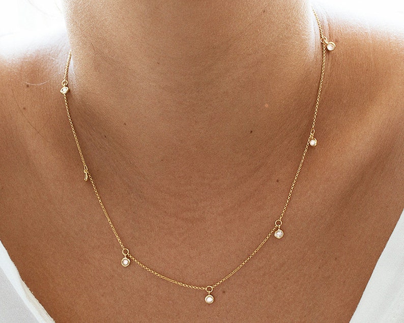 Gold Necklace, Gold Choker Necklace, Gold Necklace Dainty, Gold Diamond Necklace, Diamond Station Necklace, Gift for Her, Bridesmaid Gift image 1