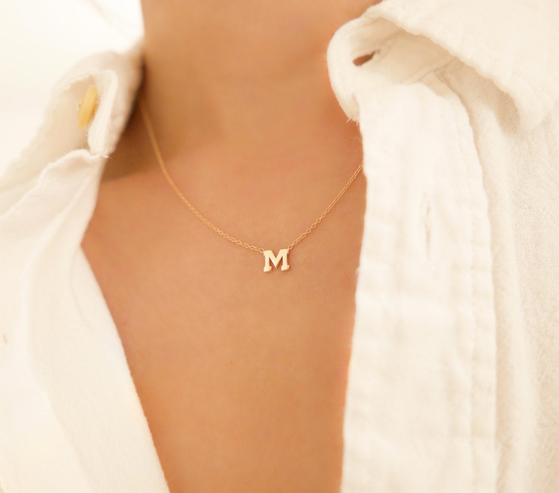 14k Solid Gold Letter Necklace 14k Gold Initial Initial Etsy