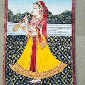 Vintage handmade painting of Indian Rajasthani woman, beautiful indian painting, rare painting of musician woman