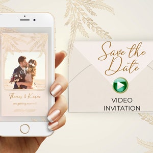 Save the date Blattgold mit Umschlag Beige Videoeinladung, Save the date Video, Hochzeitseinladung, E-invite