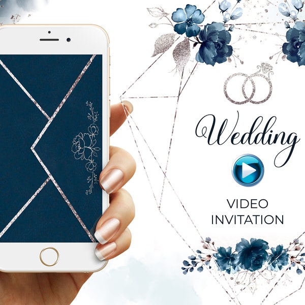 Navy blue & silver wedding video invitation with photo, Save the date, Blue silver wedding invitation, Animated Video Invitation, E-invite