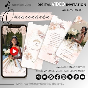 Convite de vídeo Quinceañera Convite de rosas brancas bege, Convite de aniversário, Convite branco de aniversário, Convite animado