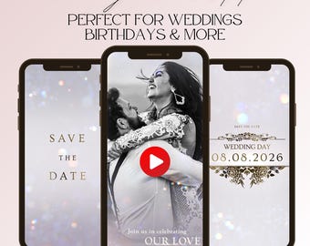 May include: Three smartphone screens showing a wedding video invitation template. The center screen shows a couple embracing with a play button overlay. The left screen says "Save the Date" and the right screen says "Save the Date Wedding Day 08.08.2026".