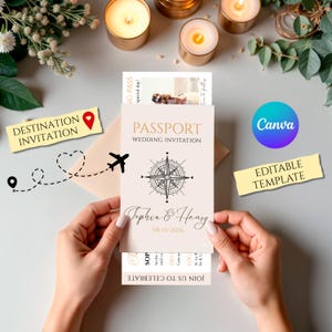 May include: A passport-style wedding invitation with a compass rose design, the names "Tophia & Henry", and the date 08/15/2026. The invitation is held by hands and includes the text "Destination Invitation" and "Editable Template".