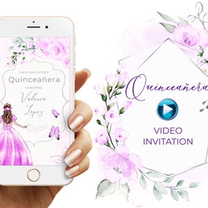Convite de Quinceañera em vídeo sem foto, Convite de Quinceañera com princesa, Rosa e violeta, Envelope e borboletas