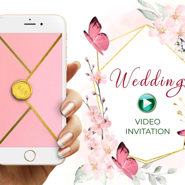 Invitation vidéo de mariage rose blush fleur de cerisier avec enveloppe rose/or et papillons, faire-part de mariage, invitation animée