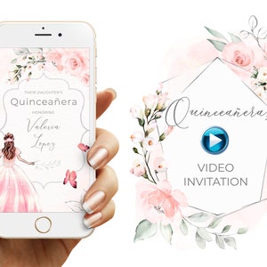 Convite de quinceañera em vídeo, quinceanera rosa, SEM foto, Convite de quinceañera com princesa, Envelope e borboletas