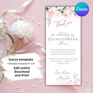 Tarjeta de agradecimiento de quinceañera, plantilla editable de Canva