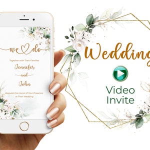 Wedding video invitation for 2 photos Green with white roses, Greenery wedding invitation, Animated Video Invitation, E-invite