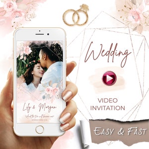 Elegante Beige Rosa und Gold Hochzeitseinladung mit Foto - Save the Date und animierte E-Einladung