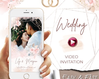 May include: A smartphone screen displaying a wedding video invitation with a couple's photo, gold geometric shapes, and pink floral accents. The text reads "Lily & Morgan" and "And the two will become one." The invitation also includes the text "Wedding Video Invitation" and "Easy & Fast".