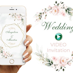 Wedding video invitation with pink blush roses, Greenery wedding invitation, Animated Video Invitation, E-invite for Smartphone