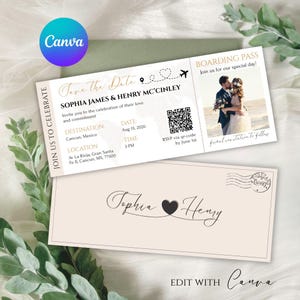 Bordkarte Save The Date, Hochzeitseinladung, Pass-Hochzeitseinladung, bedruckbar, Reise-Thema, Strand, Vorlagen-Download