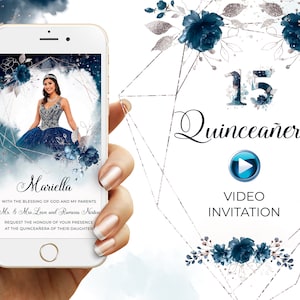 Quinceañera azul marinho, Convite vídeo Quince, Convite Quinceañera com princesa, Rosa e violeta, Envelope e borboletas