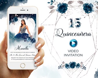 May include: A digital video invitation for a Quinceañera. The invitation features a blue and silver floral design with a photo of the birthday girl in a blue dress. The text on the invitation reads "15 Quinceañera" and "Mariella".