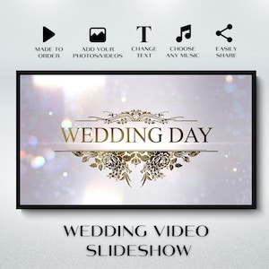 Może przedstawiać: Szablon prezentacji slajdów wideo ślubnych z ozdobnym wzorem w kolorze złotym i tekstem "Wedding Day" na białym tle z efektem migotania.