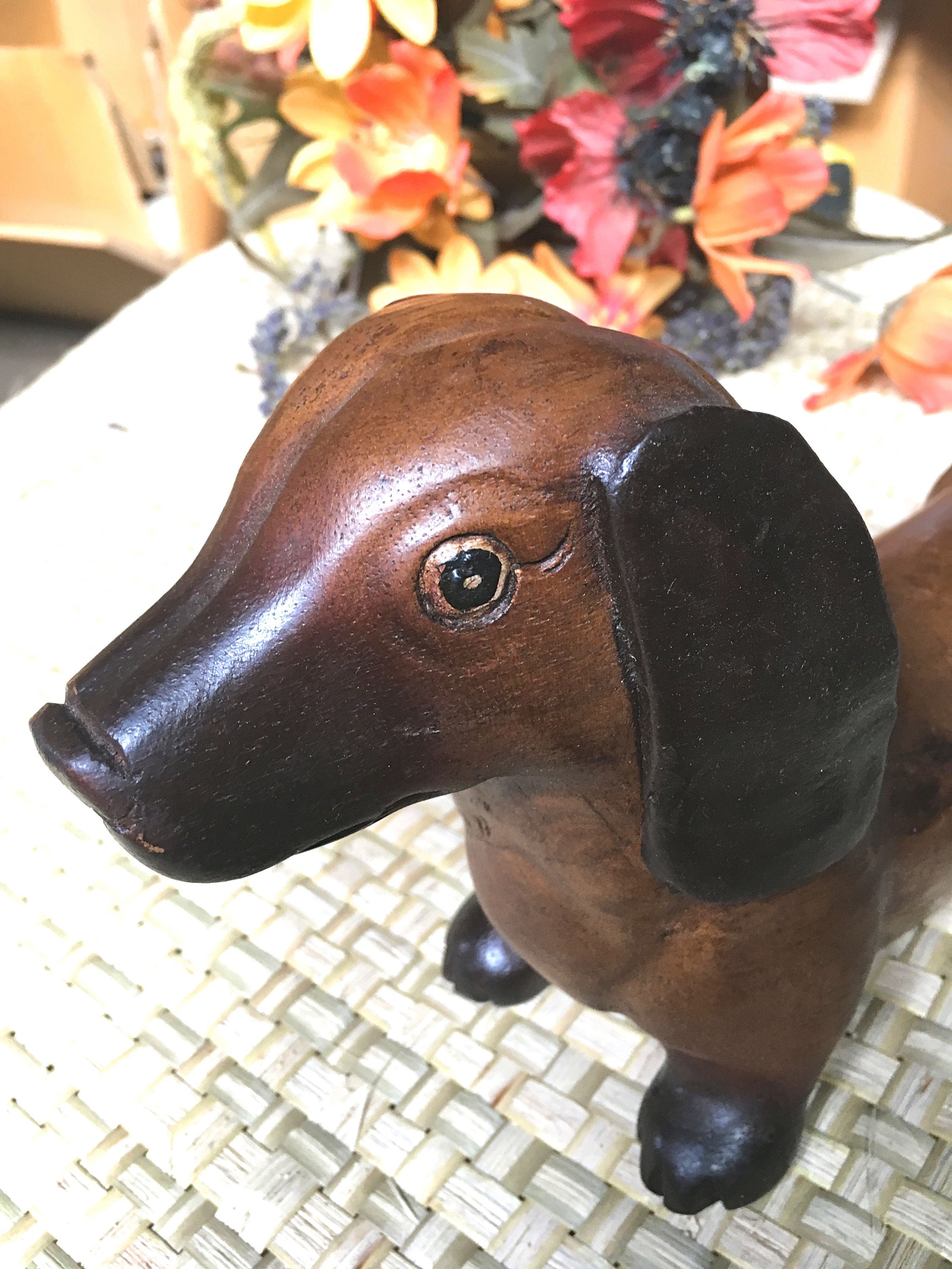 Wiener Dog Sculpture Hand Carved Wooden Dog Weenie Statue Etsy