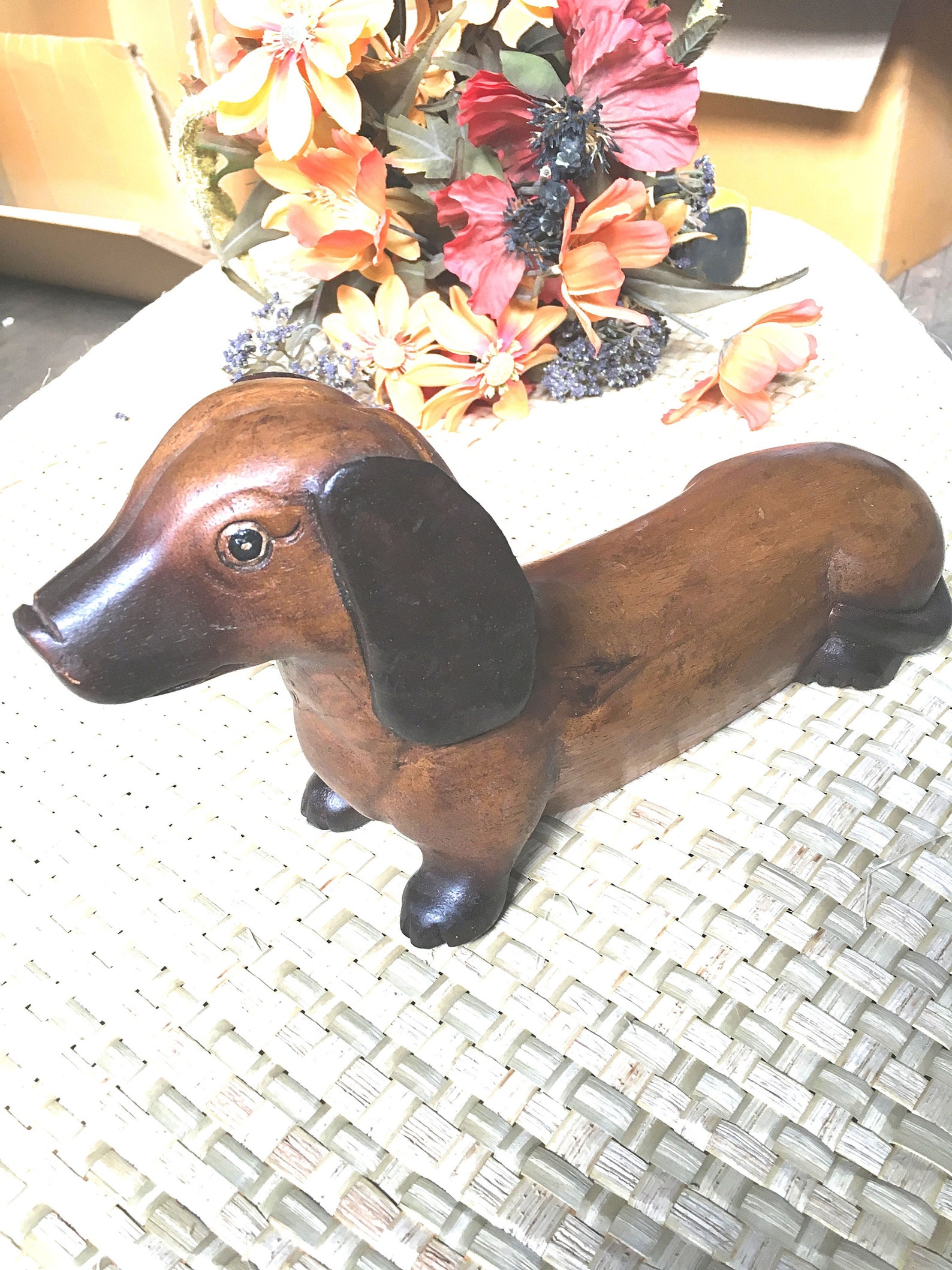 Wiener Dog Sculpture Hand Carved Wooden Dog Weenie Statue Etsy