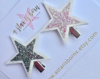 Star pigtails hair clips or fringe clips, Pink and silver chunky glitter star bows