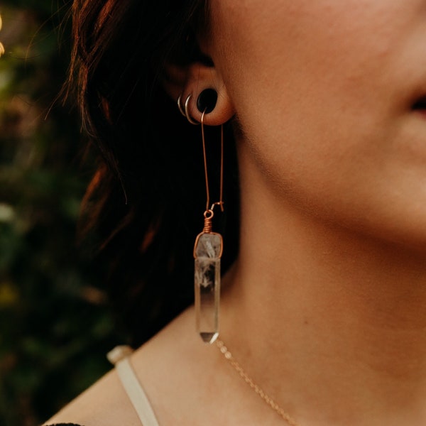 clear quartz dangles, earrings for plugs, ear plugs, stretched ears, crystal earrings, gauges, earrings, dangle plugs, interchangeable
