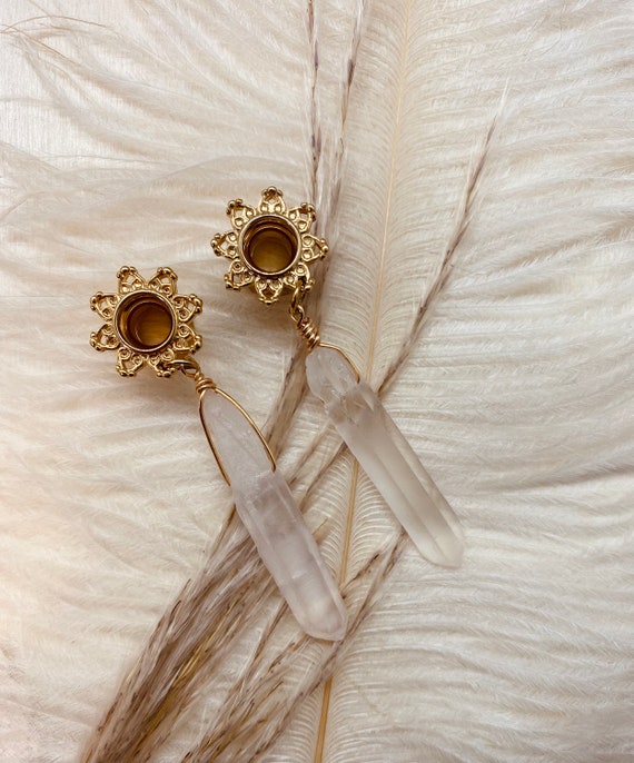 dangle plugs, clear quartz plugs, earrings for plugs, drop earrings, crystal earrings, dangle plugs
