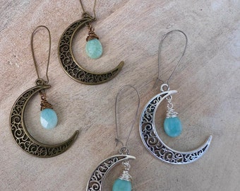 Amazonite Crescent Moon Dangles, earrings for plugs, crystal earrings, gauges, dangle plugs, interchangeable