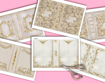 Digital paper ORNATE WHITE COVER,Gold ornamental decorative book dust jackets,Vintage antique books jackets,Printable 5x7  invitations