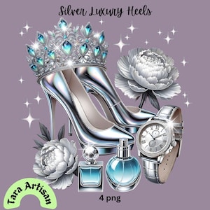 Silver Luxury Heels, Peonies Clipart, Silver Heels Clipart, Fashion Art PNG, Sublimation Design, High Heels & Crown Clipart, Blue Lipstick