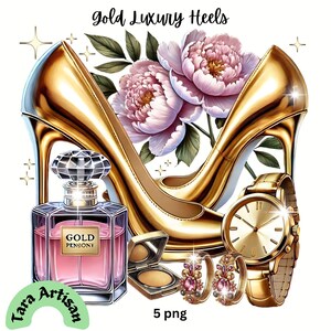 Gold Luxury Heels, Peonies Clipart, Gold Heels Clipart, Pinkish Lipstick, Fashion Art PNG, Sublimation Design, High Heels & Crown Clipart