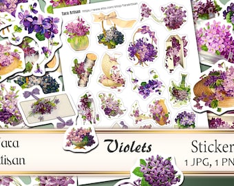 Adesivos VIOLETAS, folha imprimível de colagem digital, corte exigente, adesivos florais, adesivos de cesta floral vintage