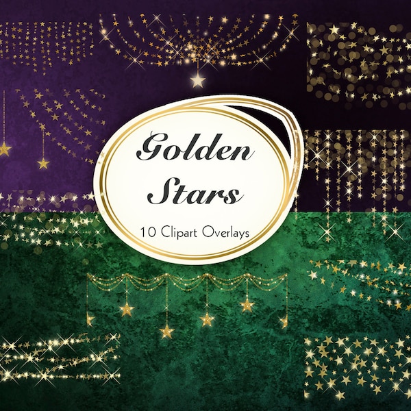 Digital clipart GOLDEN STARS,Sparkling Fairy Wedding Digital Overlay PNG,Gold Bokeh String Lights Clip Art,Star Light String Digital